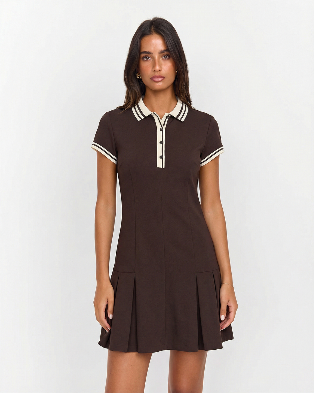 Tessa | Stripe Polo Collar Button Placket Pleated Skirt A-Line Mini Shirt Dress