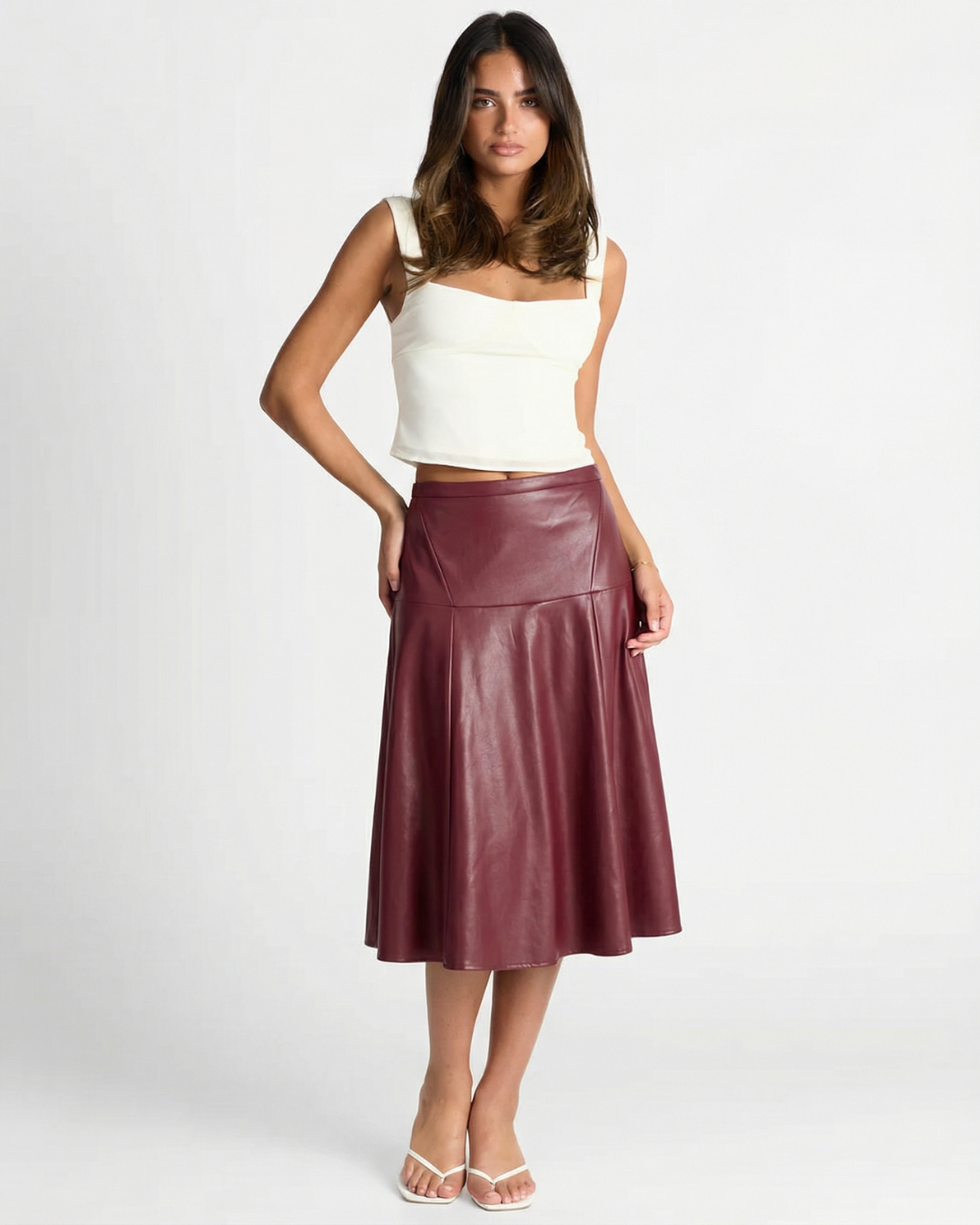 Mia | Faux Leather Panelled A-Line Midi Skirt