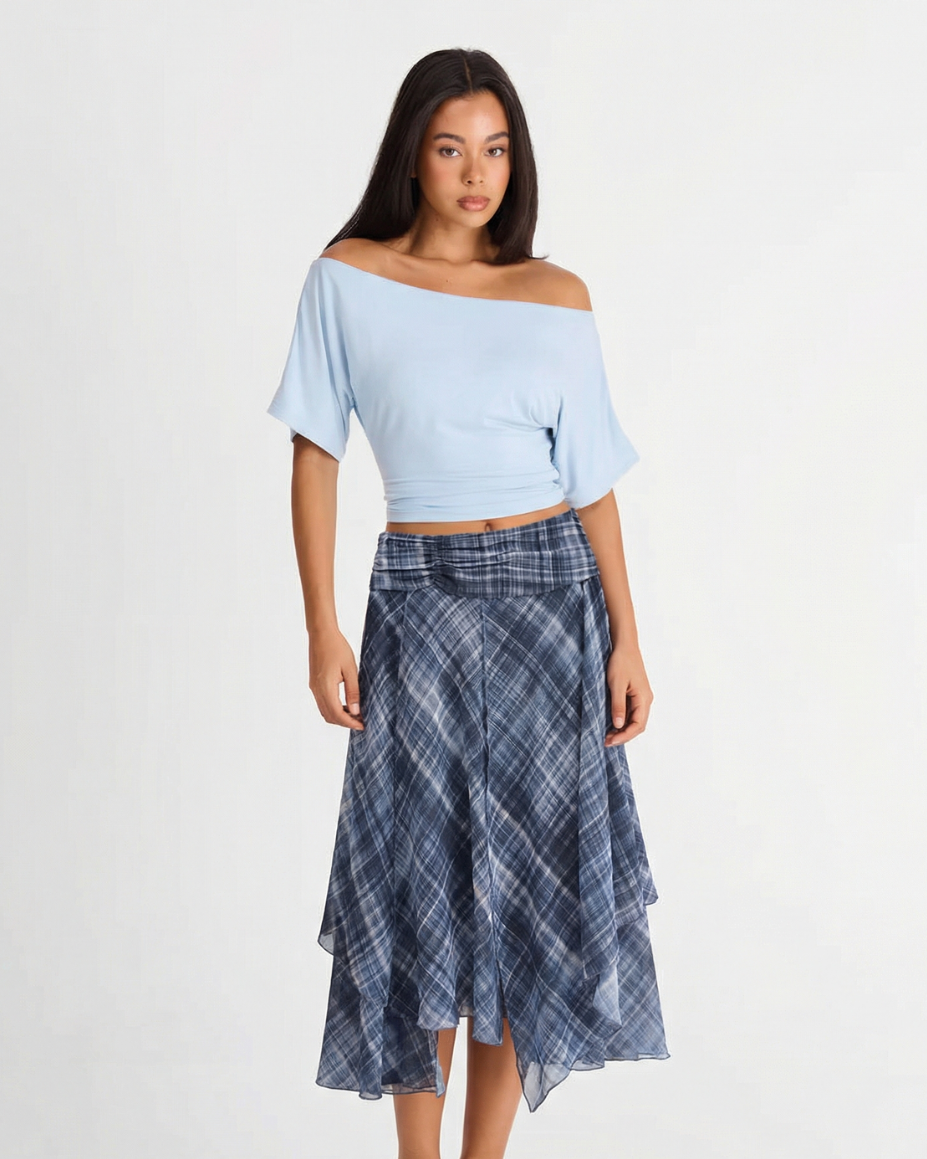 Mila | Plaid Chiffon Asymmetric Midi Skirt