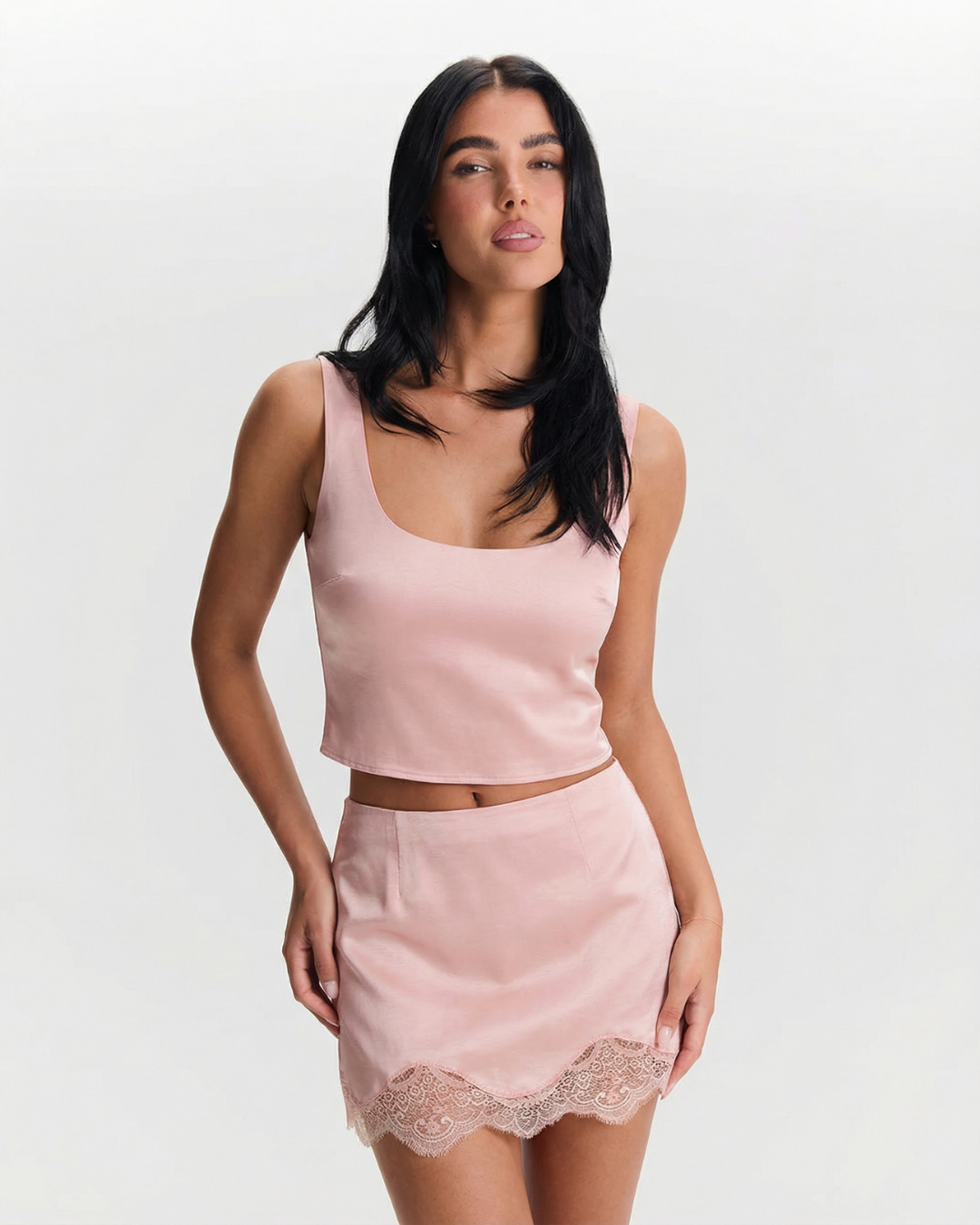 Una | Satin Scalloped Lace Trim Mini Skirt