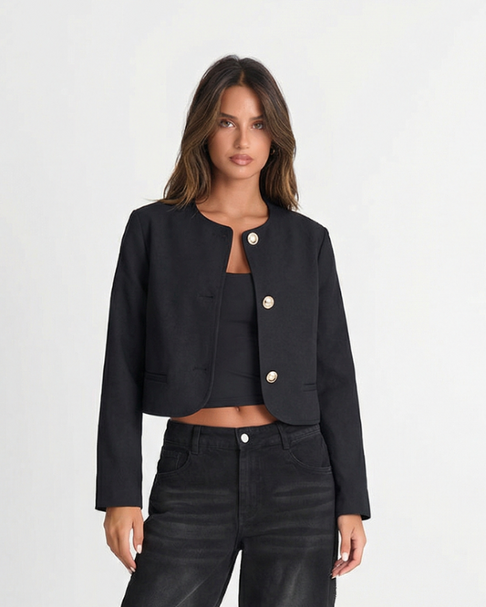 Alma | Casual Cropped Gold Buttons Black Blazer