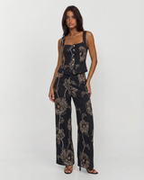 Ailsa | Floral Print Square Neck Peplum Top and Wide-Leg Trousers Matching Set in Black