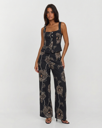 Ailsa | Floral Print Square Neck Peplum Top and Wide-Leg Trousers Matching Set in Black
