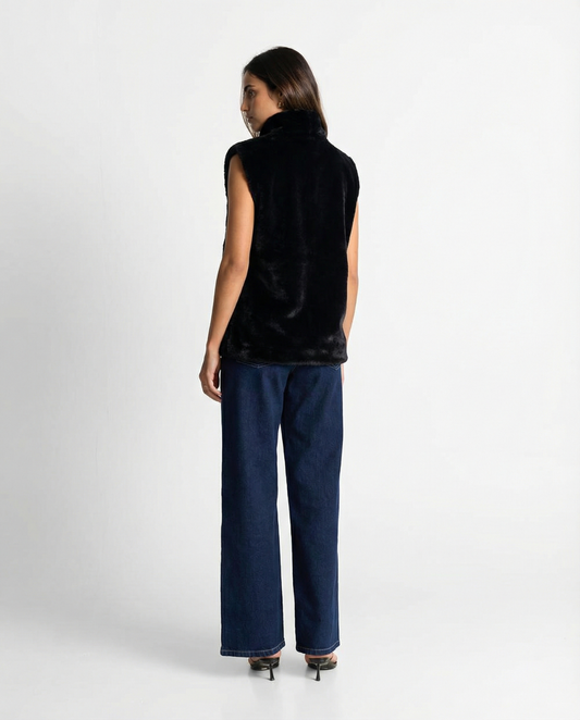 Ada | Winter Faux Fur Sleeveless Vest Black High Neck Fluffy
