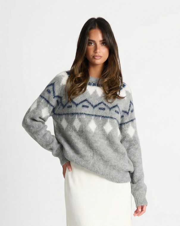 Maren | Cozy Fair Isle Crew Neck Sweater Gray Blue