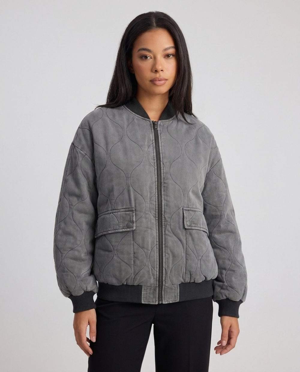 Lilian | Women's Oversized Quilted Bomber Jacket Grey and Black