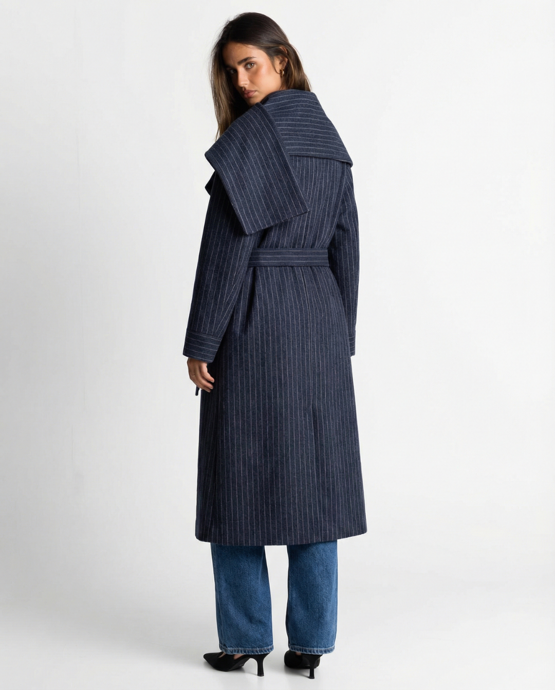 Alyssa | Longline Pinstripe Belted Coat