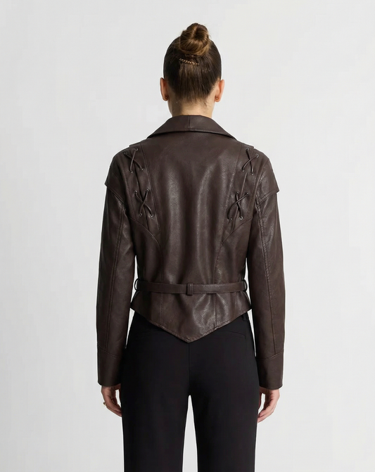 Camille | Leather Jacket Brown Belted Shawl Collar Fitted