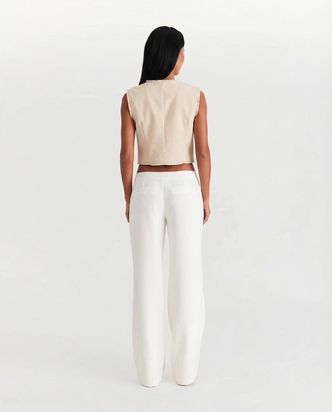 Suki | Cropped Sleeveless Blouse Cream Button Front Frayed Edge