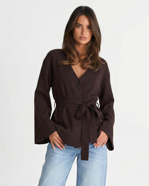 Lexi | V-Neck Self-Tie Belt Wide Sleeve Jersey Wrap Top