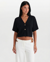 Penelope | V-Neck Gold Button Short Sleeve Relaxed Cropped Knit Top