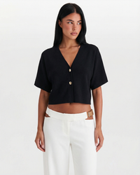 Penelope | V-Neck Gold Button Short Sleeve Relaxed Cropped Knit Top
