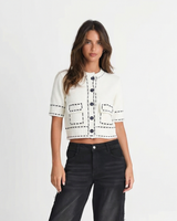 Willow | Contrast Stitch Round Neck Short Sleeve Patch Pocket Cropped Knit Cardigan