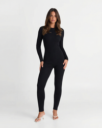 Mabel | Ribbed Knit Long Sleeve Bodycon Jumpsuit in Beige & Black