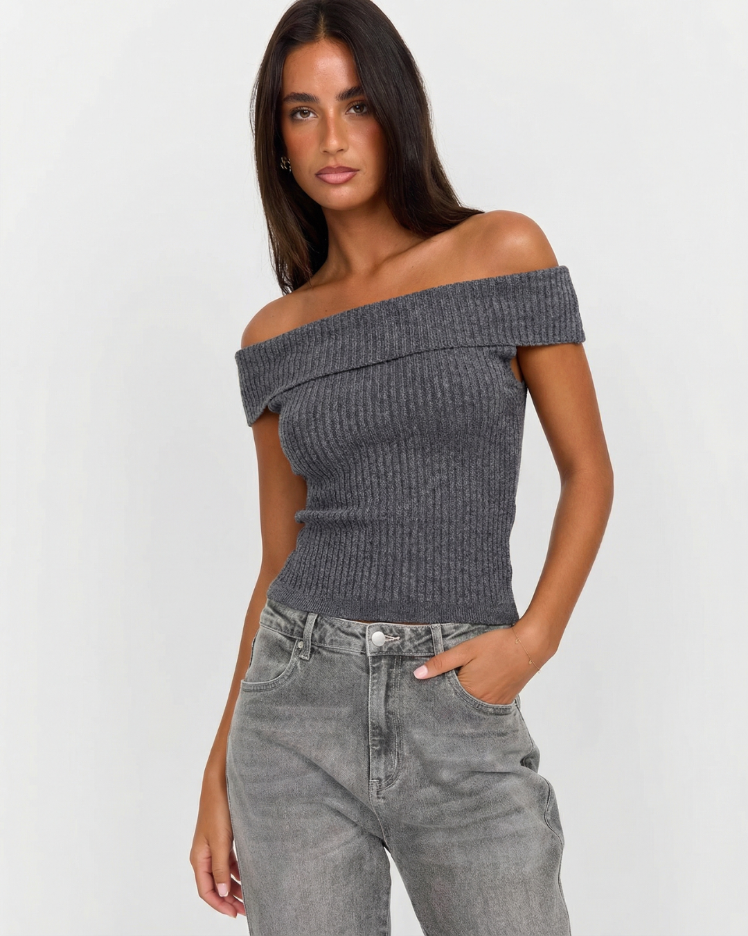 Jasmine | Ribbed Knit Off Shoulder Short Sleeve Top