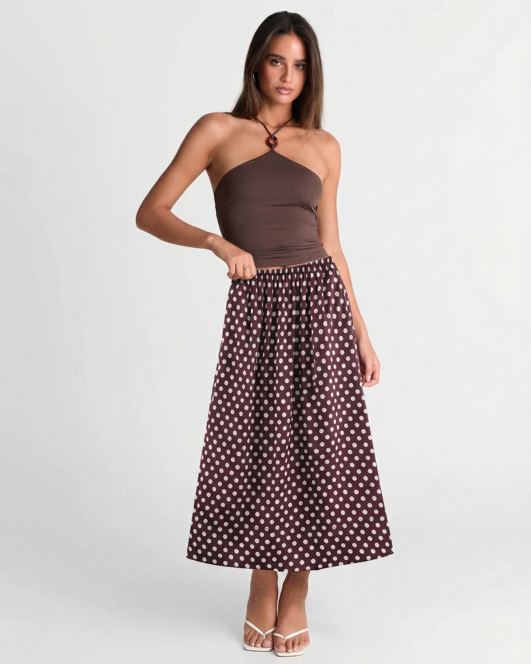 Briar | Pleated Midi Skirt Brown Polka Dot A Line High Waisted