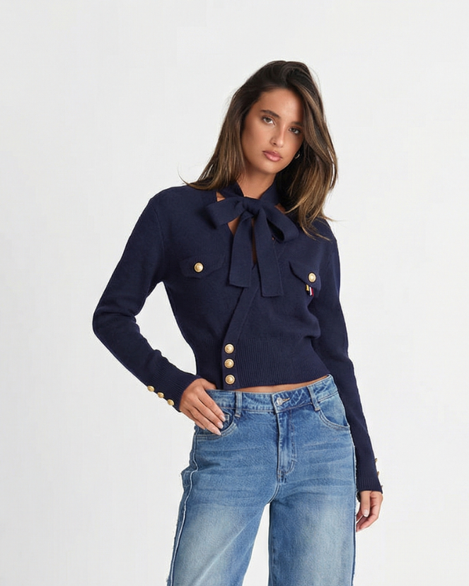 Robyn | Pussy-Bow Gold Button Twin Pocket Cropped Knit Top