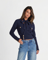 Robyn | Pussy-Bow Gold Button Twin Pocket Cropped Knit Top