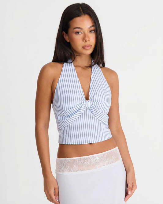 Elise | Summer Halter Neck Top Blue White Striped Tie Front