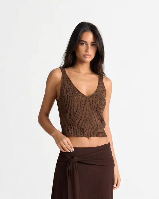 Celine | Crochet Tank Top Brown Knitted V Neck Cropped