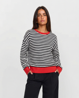 Lily | Stripe Print Red Ribbed Trim Dropped Shoulder Relaxed Knit Top