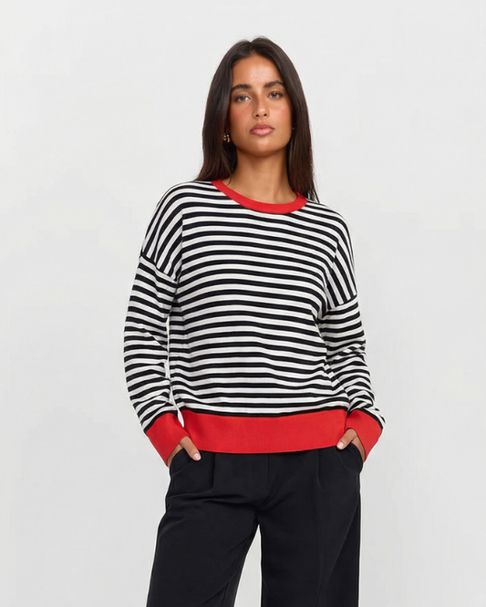 Lara | Striped Long Sleeve Top Red Trim Oversized Crew Neck Cotton