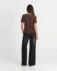 Holly | Contrast Piping Crew Neck Short Sleeve Ribbed Hem Knit Top