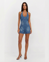 Anya | Halter Neck Deep Scoop Contoured Seam Denim Shorts Romper in Blue