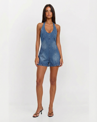 Anya | Halter Neck Deep Scoop Contoured Seam Denim Shorts Romper in Blue