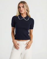 Sara | Scallop Collar Cropped Knit Top