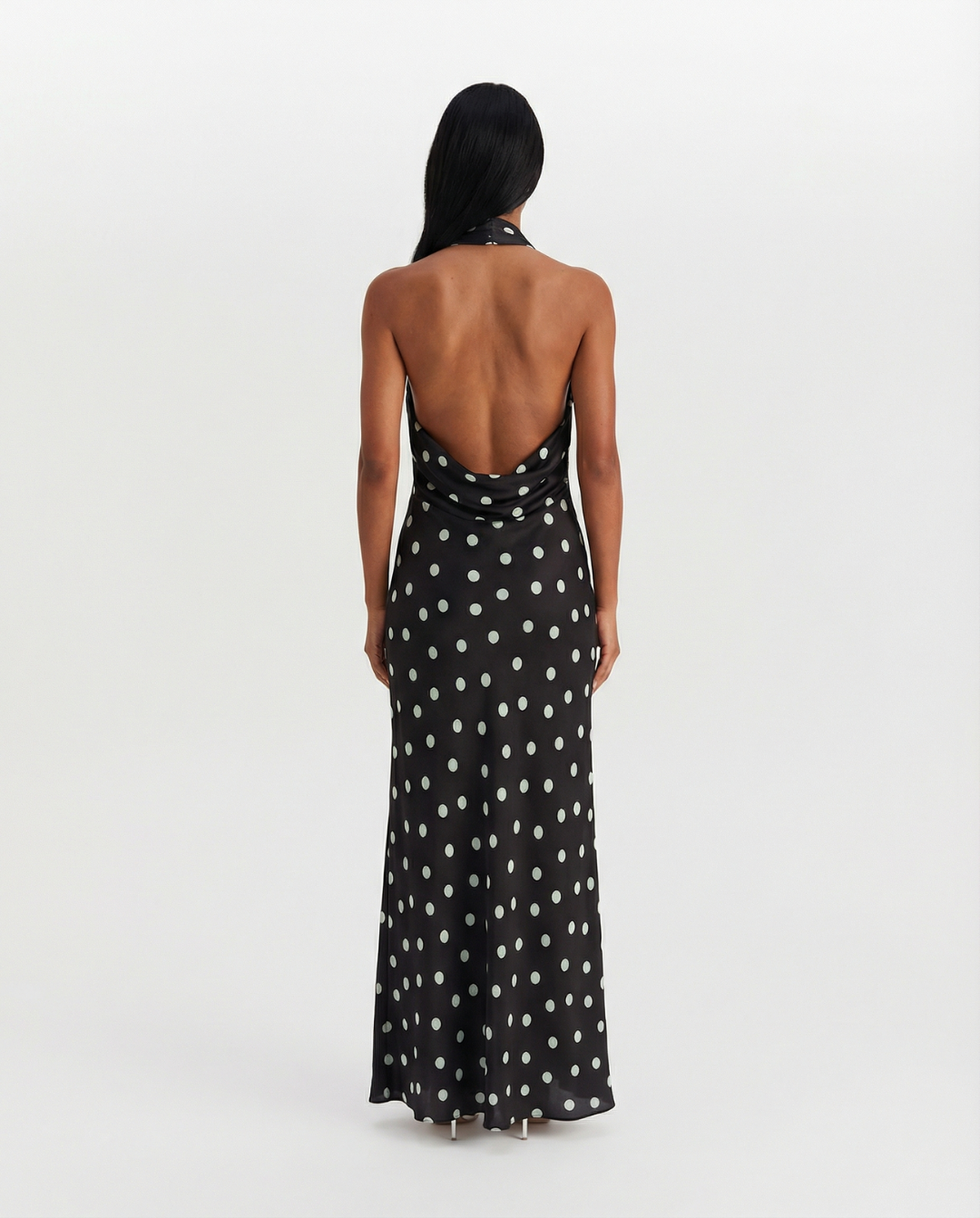 Caitlin | Polka Dot High Halter Neck Satin Maxi Dress