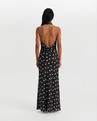 Caitlin | Polka Dot High Halter Neck Satin Maxi Dress