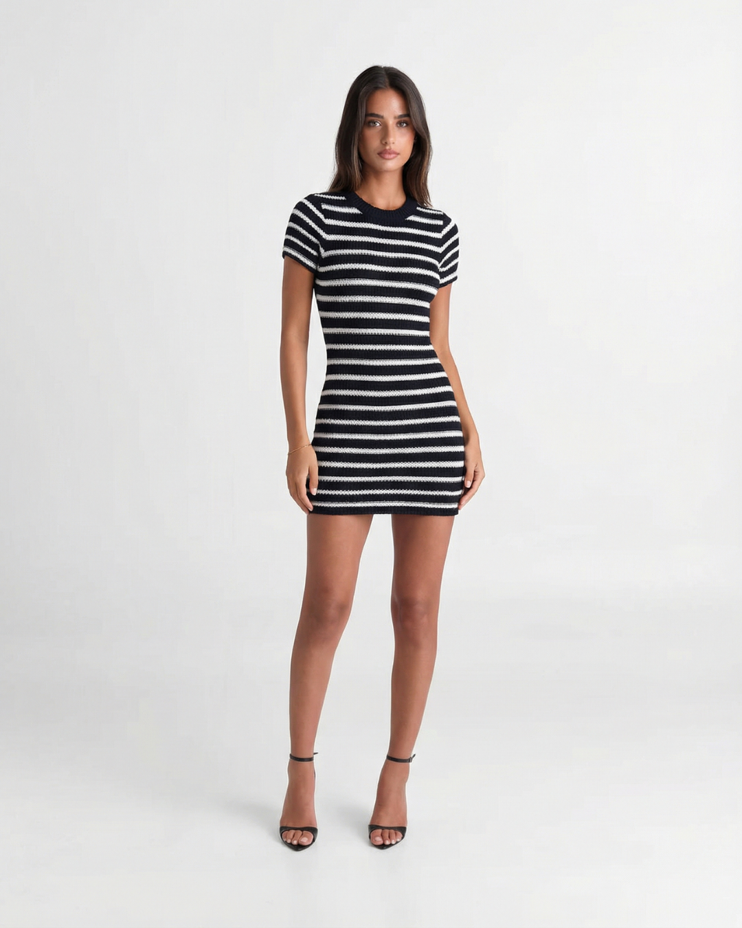 Pearl | Stripe Print Crew Neck Short Sleeve Ribbed Knit Bodycon Mini Dress