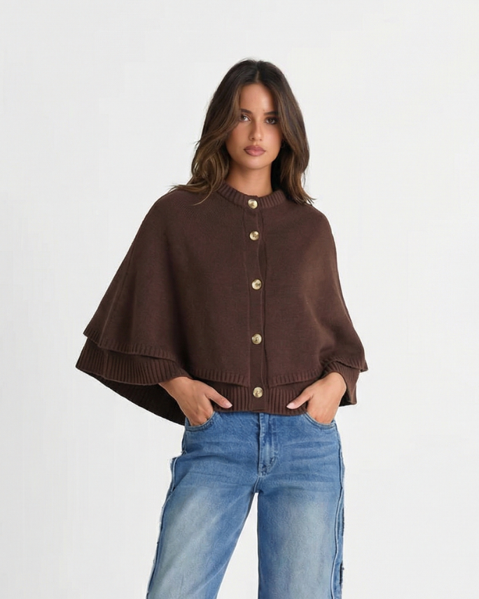 Eliza | Cape Sleeve Gold Button Ribbed Trim Relaxed Cropped Knit Cardigan