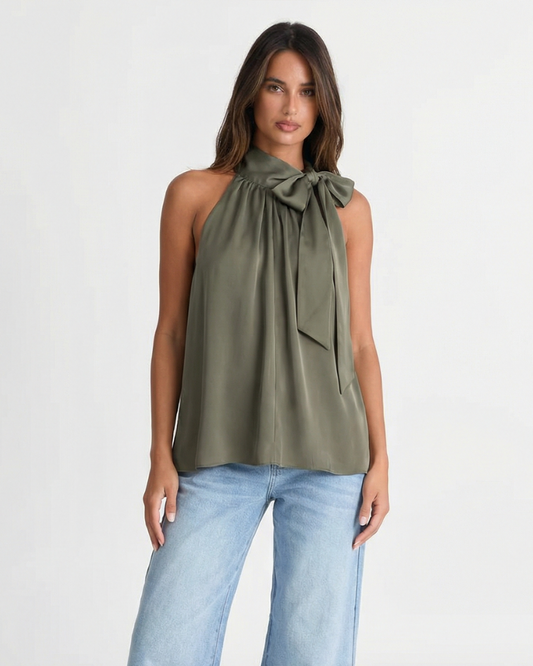 Maeve | Elegant Halter Neck Top Green Tie Neck Sleeveless