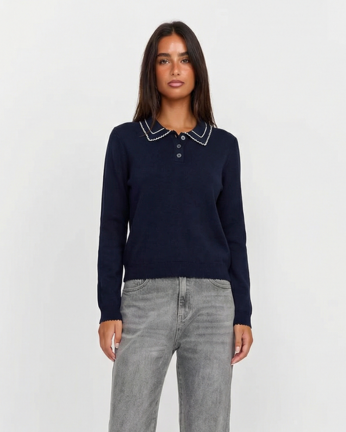 Ava | Scallop Trim Contrast Polo Collar Button Placket Fine Knit Cropped Top