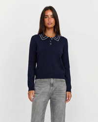 Ava | Scallop Trim Contrast Polo Collar Button Placket Fine Knit Cropped Top