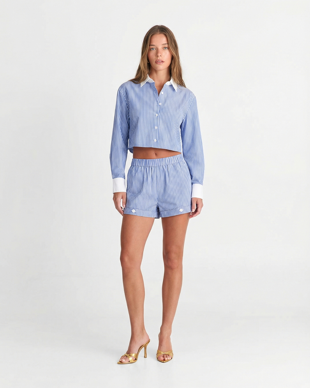 Eva | Striped Cotton Cropped Top Shorts Co-ord Set