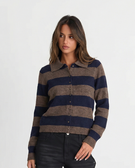 Isla | Cosy Striped Knit Polo Cardigan