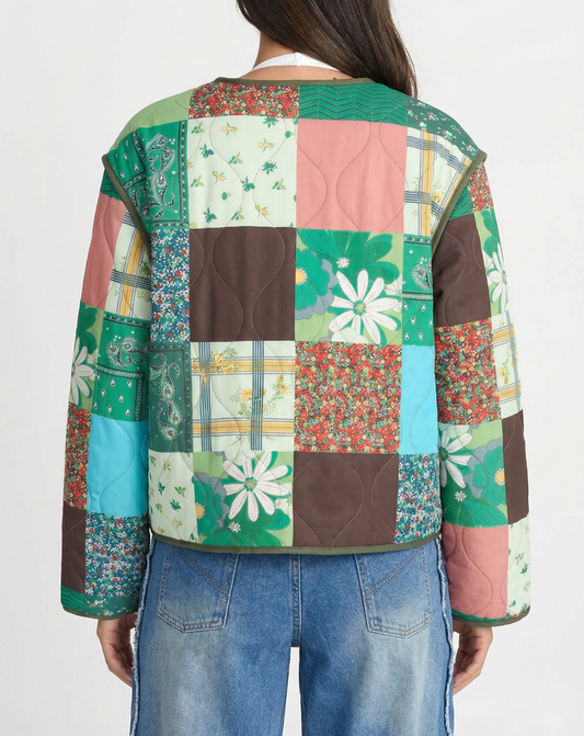 Yara | Quilted Jacket Green Patchwork Zip Up Lightweight Long Sleeve