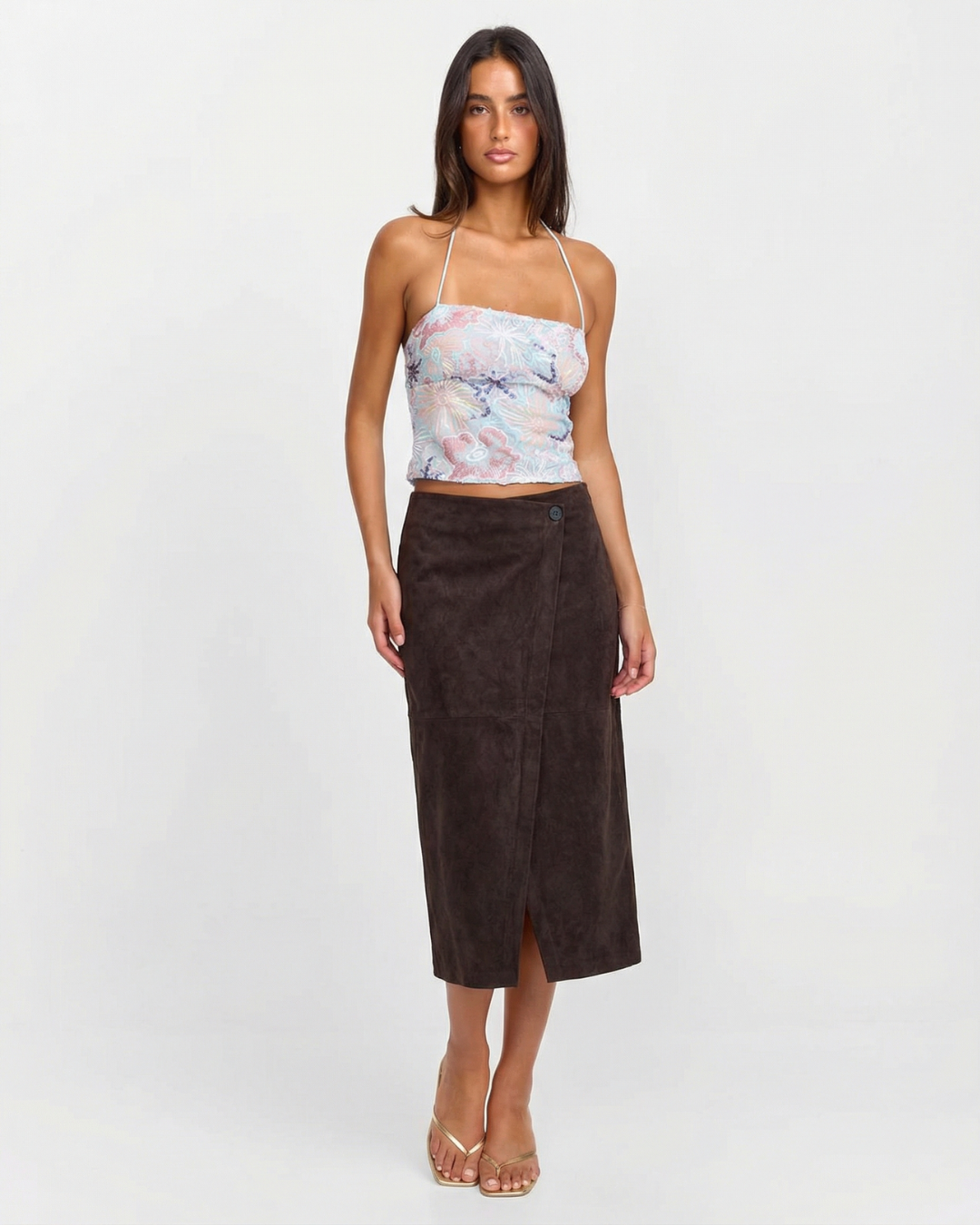 Amelia | Button-Front Faux Suede Wrap Midi Skirt