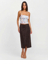 Amelia | Button-Front Faux Suede Wrap Midi Skirt