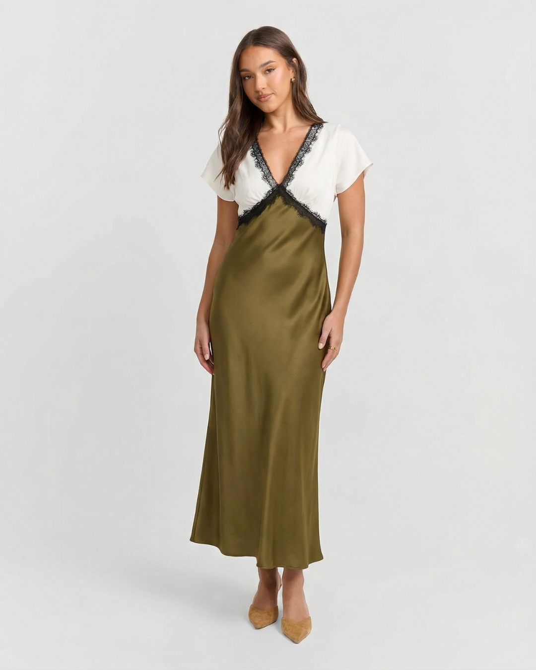 Blythe | Two-Tone Lace Trim Satin Midi Slip Dress