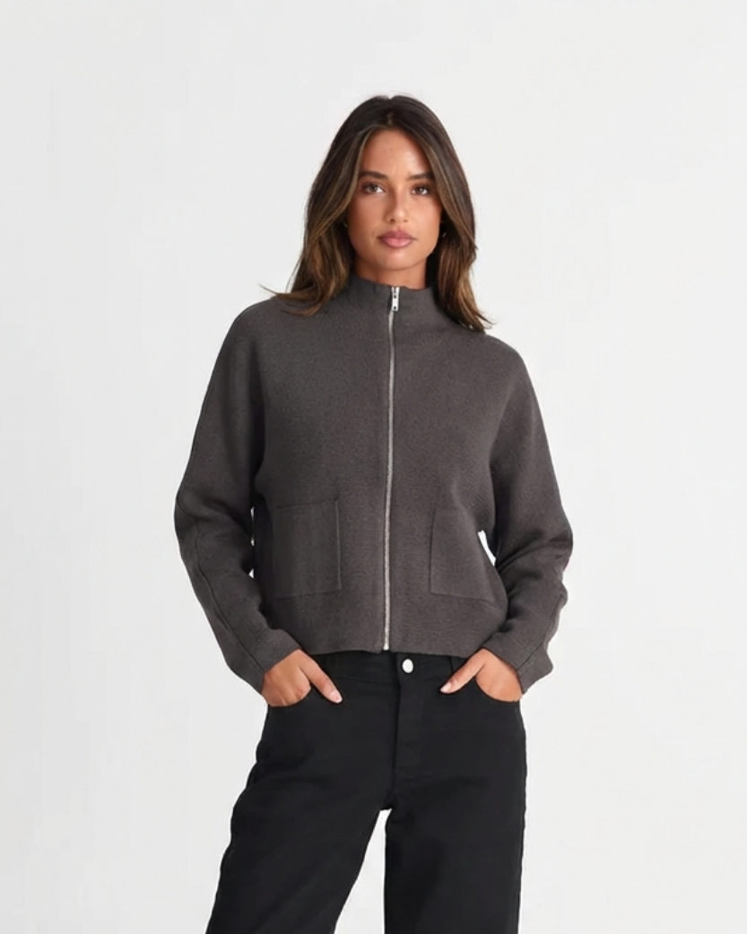 Ruby | High Stand Collar Zip Front Dropped Shoulder Patch Pocket Cropped Cardigan