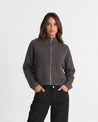 Ruby | High Stand Collar Zip Front Dropped Shoulder Patch Pocket Cropped Cardigan