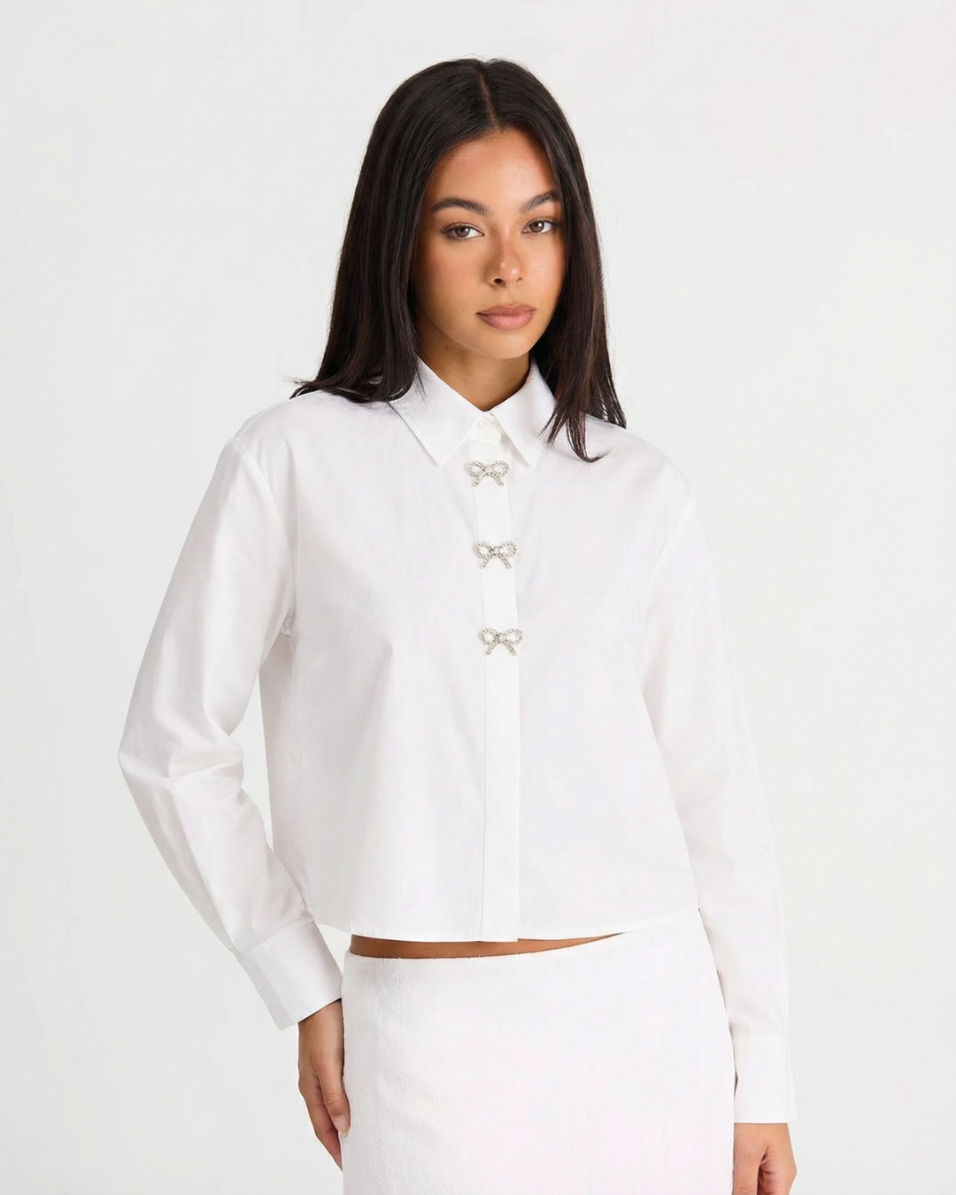 Ariella | Bow Button Cropped Cotton Shirt