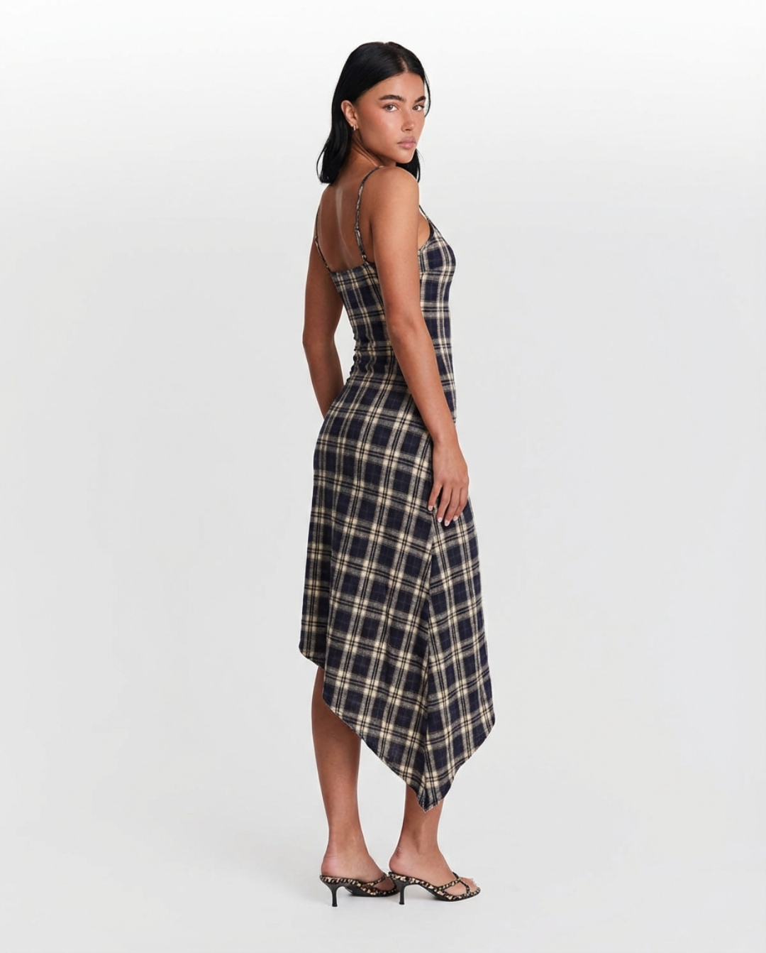 Cleo | Plaid Asymmetric Hem Midi Dress