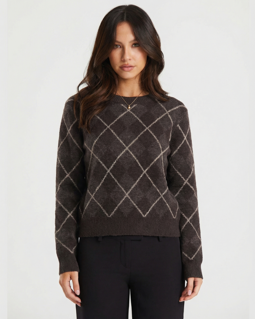 Vera | Preppy Argyle Sweater Brown Crew Neck