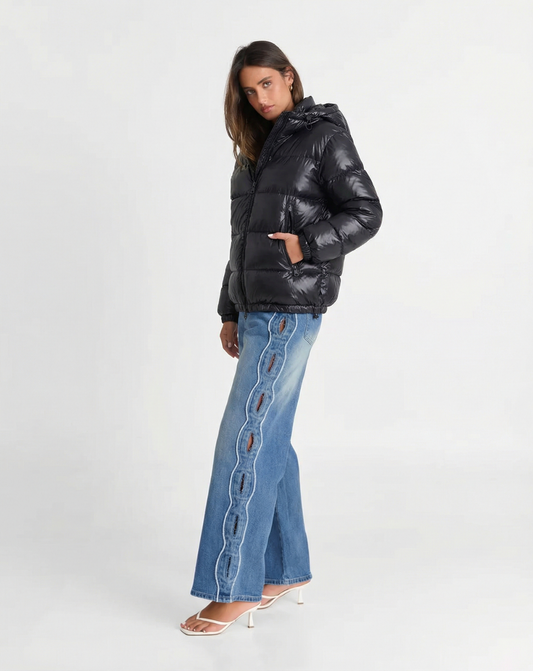 Willa | Winter Puffer Jacket Black Cropped Hooded Quilted Oversized