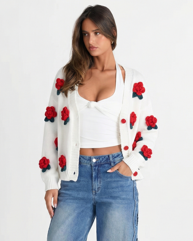 Zara | 3D Rose Appliqué Red Button Soft Knit Cropped Cardigan